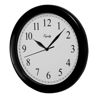 Left-facing image of the 25203 10-inch Basics Wall Clock - Black. The clock features a black frame with a white dial, black numbers, and black metal hands.