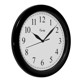 Right-facing image of the 25203 10-inch Basics Wall Clock - Black. The clock features a black frame with a white dial, black numbers, and black metal hands.