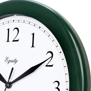 Close-up frame image of the 25205 10-inch Basics Wall Clock - Hunter Green. The clock features a green frame with a white dial, black numbers, and black metal hands.