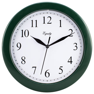 Head-on image of the 25205 10-inch Basics Wall Clock - Hunter Green. The clock features a hunter green frame with a white dial, black numbers, and black metal hands.