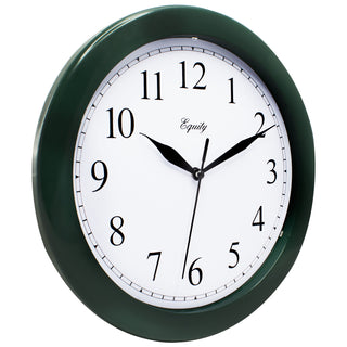 Right-facing image of the 25205 10-inch Basics Wall Clock - Hunter Green. The clock features a hunter green frame with a white dial, black numbers, and black metal hands.