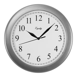 Head-on image of the 25206 10-inch Basics Wall Clock - Silver. The clock features a silver frame with a white dial, black numbers, and black metal hands.