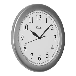 Right-facing image of the 25206 10-inch Basics Wall Clock - Silver. The clock features a silver frame with a white dial, black numbers, and black metal hands.