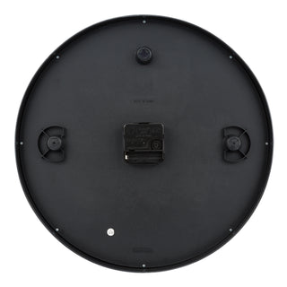 Back image of the Retail package image of the 25509 14-inch Basics Commercial Wall Clock showing the battery compartment, the quartz movement, and the hanging hole.