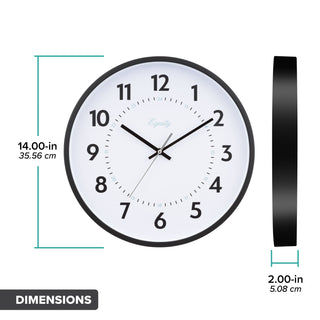 Dimension image in inches and centimeters of the 25509 14-inch Basics Commercial Wall Clock featuring 24-hour markings in light blue and black numbers on a white dial with black hour and minute hands, and a silver second hand in a black flush mount frame. The diameter is 14 inches with a depth of 2 inches.