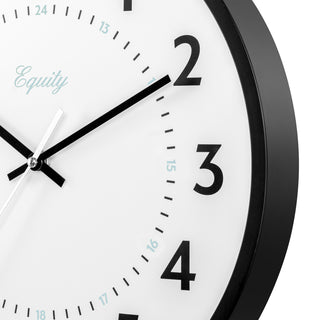 Close-up image of the frame of the 25509 14-inch Basics Commercial Wall Clock featuring 24-hour markings in light blue and black numbers on a white dial with black hour and minute hands, and a silver second hand in a black flush mount frame.