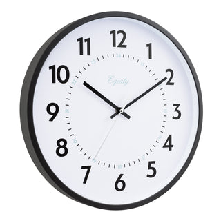 Right-facing image of the 25509 14-inch Basics Commercial Wall Clock featuring 24-hour markings in light blue and black numbers on a white dial with black hour and minute hands, and a silver second hand in a black flush mount frame.