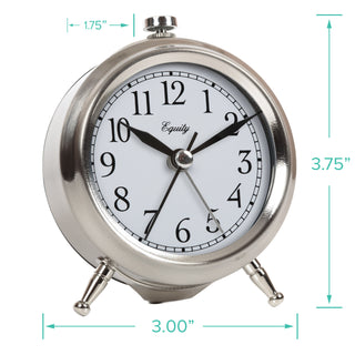 A silver metal alarm clock with a white face and black numerals, shown with dimension lines and labels indicating 3.00 inches wide, 3.