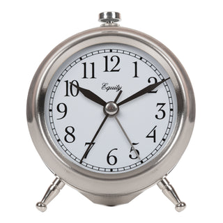 A classic round analog alarm clock with a polished silver metal body, black hands, and a white face featuring black Arabic numerals and the brand name 'Equity'.