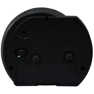 Back of alarm clock showing battery cover and setting knobs. 