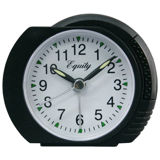 A black analog desk clock with a white face, black numerals, and green hour markers. The brand name 'Equity' is printed in script on the face.