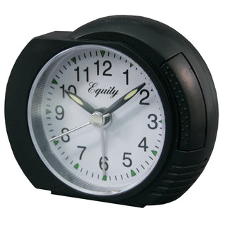 A black alarm clock with a white face, black numerals, and silver hands. The brand name 'Equity' is printed in black script on the clock face.