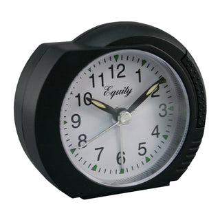 A black round alarm clock with a white face, black numerals, and silver hands. The brand name 'Equity' is printed in black script on the clock face.