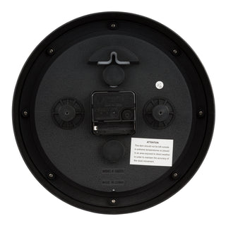 Back image of the 29005 10-inch Waylon indoor outdoor wall clock with temperature and humidity, battery compartment and quartz movement