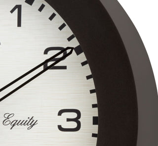 Closeup of the frame and the dial of the 29005 Waylon 10-inch indoor outdoor wall clock showing a dark brown frame and linen design dial