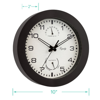 Dimensions of the 29005 10-inch Waylon indoor outdoor wall clock with temperature and humidity showing 10 inches in diameter and 2 inches in depth