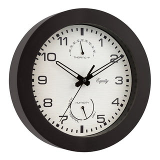 Right-facing 29005 10-inch Waylon indoor outdoor wall clock with temperature and humidity, featuring a linen design dial with a dark brown frame, stylized cut-out hour and minute hands, and a second hand