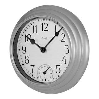 A round wall clock with a brushed silver metal frame, a white dial face, black Arabic numerals, black hands, and a small seconds subdial at the bottom right. The brand name 'Equity' is printed on the dial.