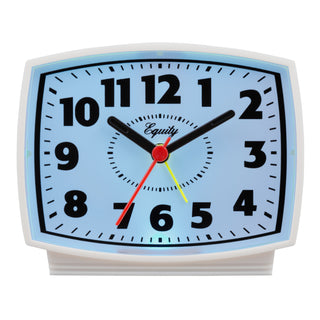 Head-on image of the 33100 Electric Analog Alarm Clock with the blue backlight activated. The rectangular-shaped alarm clock has a white case with a freestanding base, a white clock face, black numbers and markings, black hour and minute hands, a red second hand, and a yellow alarm indicator.