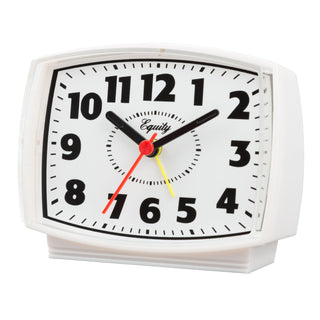 Left-facing image of the 33100 Electric Analog Alarm Clock. The rectangular-shaped alarm clock has a white case with a freestanding base, a white clock face, black numbers and markings, black hour and minute hands, a red second hand, and a yellow alarm indicator.