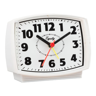 Right-facing image of the 33100 Electric Analog Alarm Clock. The rectangular-shaped alarm clock has a white case with a freestanding base, a white clock face, black numbers and markings, black hour and minute hands, a red second hand, and a yellow alarm indicator.