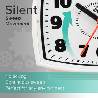 Image with text showing the left bottom corner of the 33100 Electric Analog Alarm Clock, the image highlights the silent sweep movement feature with text "no ticking, continuous sweep, perfect for any environment".