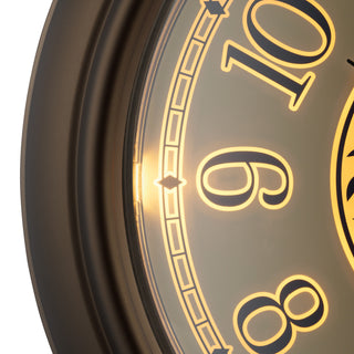 Close-up image of the 403-3246BR Lux lighted indoor outdoor wall clock showing the detail of the numbers and the glow light