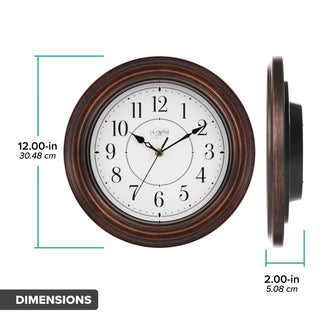 Dimension image of the 404-2630W Evelyn Wall clock with a head on and side view image and text 12 inch diameter and 2 inch depth, dimensions are also in centimeters