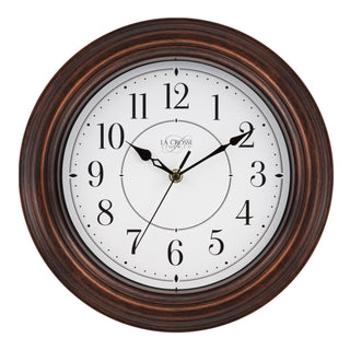 Head on view of the 404-2630W Evelyn Wall Clock with an oiled bronze finish frame surrounding a white dial with black stylized numbers and time markings featuring black hour minute and second hands