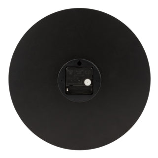 Back image of the 404-2631C 12-inch Coffee Wall Clock showing the battery compartment, the quartz movement, and the hanging hole.