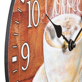 Close-up detail image of the MDF construction of the 404-2631C 12-inch Coffee Wall Clock. The clock features an image of an off-white steaming coffee cup and white numbers on a rusty brown background with no lens and black metal hands.
