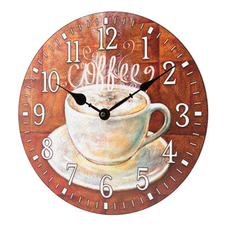 Left-facing image of the 404-2631C 12-inch Coffee Wall Clock. The clock features an image of an off-white steaming coffee cup and white numbers on a rusty brown background with no lens and black metal hands.