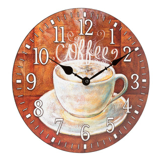 Right-facing image of the 404-2631C 12-inch Coffee Wall Clock. The clock features an image of an off-white steaming coffee cup and white numbers on a rusty brown background with no lens and black metal hands.