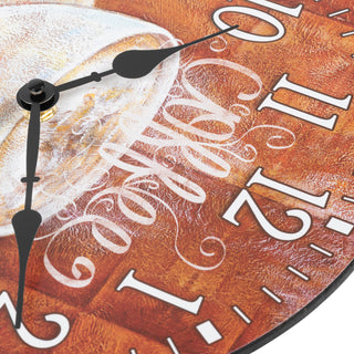 Top down detail image of the 404-2631C 12-inch Coffee Wall Clock showing the hands and the detail of the dial. The clock features an image of an off-white steaming coffee cup and white numbers on a rusty brown background with no lens and black metal hands.