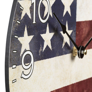 Close-up detail image of the MDF construction of the 404-2631F 12-inch Flag Wall Clock. The clock features an image of the American flag with white numbers, with no lens, and black metal hands.