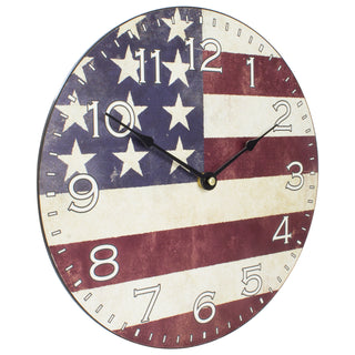 Right-facing image of the 404-2631F 12-inch Flag Wall Clock. The clock features an image of the American flag with white numbers, with no lens, and black metal hands.