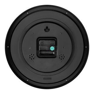Back image of the 404-2631 12-inch Inkwell Wall Clock with a black flush mount frame surrounding a black dial with white numbers, thermometer that reads both Fahrenheit and Celsius and a Humidity gauge, featuring silver metal hour, minute, and second hands