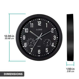 Dimension image of the 404-2631 12-inch Inkwell Wall Clock. The image has dimensions in both inches and centimeters; the clock is 12.0 in in diameter and 1.5 in in depth.