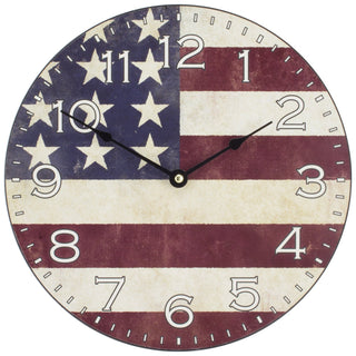 Round clock with American flag design on a white background