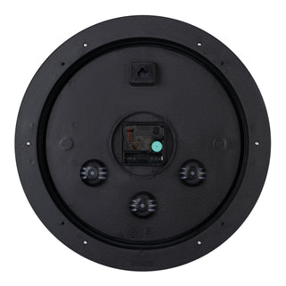 Back image of the 404-2635 14-inch Savannah Wall Clock showing the quartz movement, battery compartment, and the hanging hole