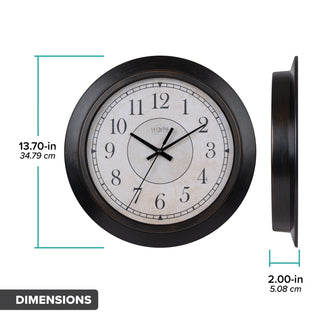 Dimension image in inches and centimeters of the 404-3635 14-inch Savannah Wall Clock, featuring a parchment paper-inspired dial, black numbers, and a weathered bronze frame. The diameter is 13.70 inches, and the depth is 2.00 inches.