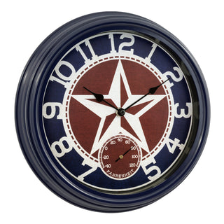 Right-facing image of the 404-312TX 12-inch Americana Indoor/Outdoor Wall Clock, featuring a star design dial in rustic red and off white, off-white numerals, a navy border and frame, and a Fahrenheit scale.