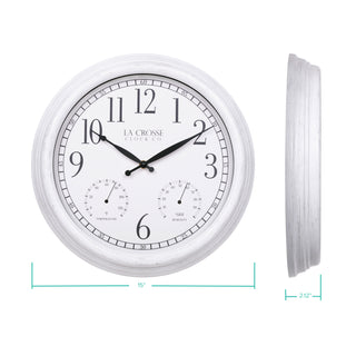 Dimension image of the 404-3015CC 15-inch Indoor/Outdoor Payton Wall Clock, featuring a white distressed frame, a white dial with black Arabic numerals, black hands, and two small sub-dials for temperature and humidity. The clock measures 15 inches in diameter and has a depth of 2.1 inches.