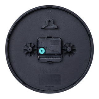 Back image of the 404-3020B-4TZ Four Pack 8-inch Basic Wall Clock with City Plaques showing the battery compartment, the quartz movement, and the hanging hole.