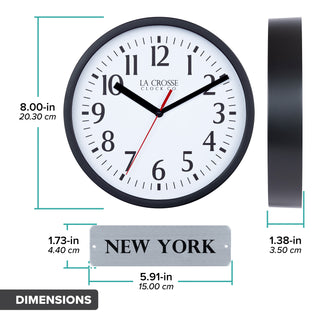 Orthographic image of the 404-3020B-4TZ Four Pack 8-inch Basic Wall Clock with City Plaques. The image shows the clock's measurements at 8 inches (20.3 cm) in diameter and 1.38 inches (3.5 cm) deep. The clock features a black frame with a white clock face, black numbers, black hour and minute hands, and a red second hand.