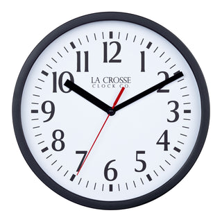 Head-on image of the 404-3020B-4TZ Four Pack 8-inch Basic Wall Clock with City Plaques. The clock features a black frame with a white clock face, black numbers, black hour and minute hands, and a red second hand.