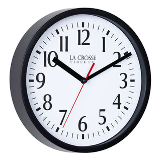 Right-facing image of the frame detail of the 404-3020B-4TZ Four Pack 8-inch Basic Wall Clock with City Plaques. The clock features a black frame with a white clock face, black numbers, black hour and minute hands, and a red second hand.