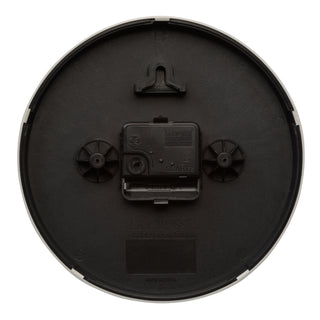 Back image of the 404-3020S 8-inch Basics Analog Wall Clock – Silver showing the battery compartment, the quartz movement, and the hanging hole.