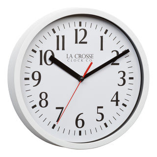 Right-facing image of the 404-3020W 8-inch Basics Analog Wall Clock – White. The clock features a white flush-mount frame, a white dial with black numbers, black hour and minute hands, and a red second hand.