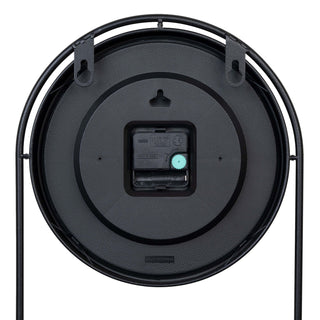 Back of the 404-3022 Depot Wall Clock with Basket and Shelf highighting the two hanging holes and the quartz movement with battery compartment.